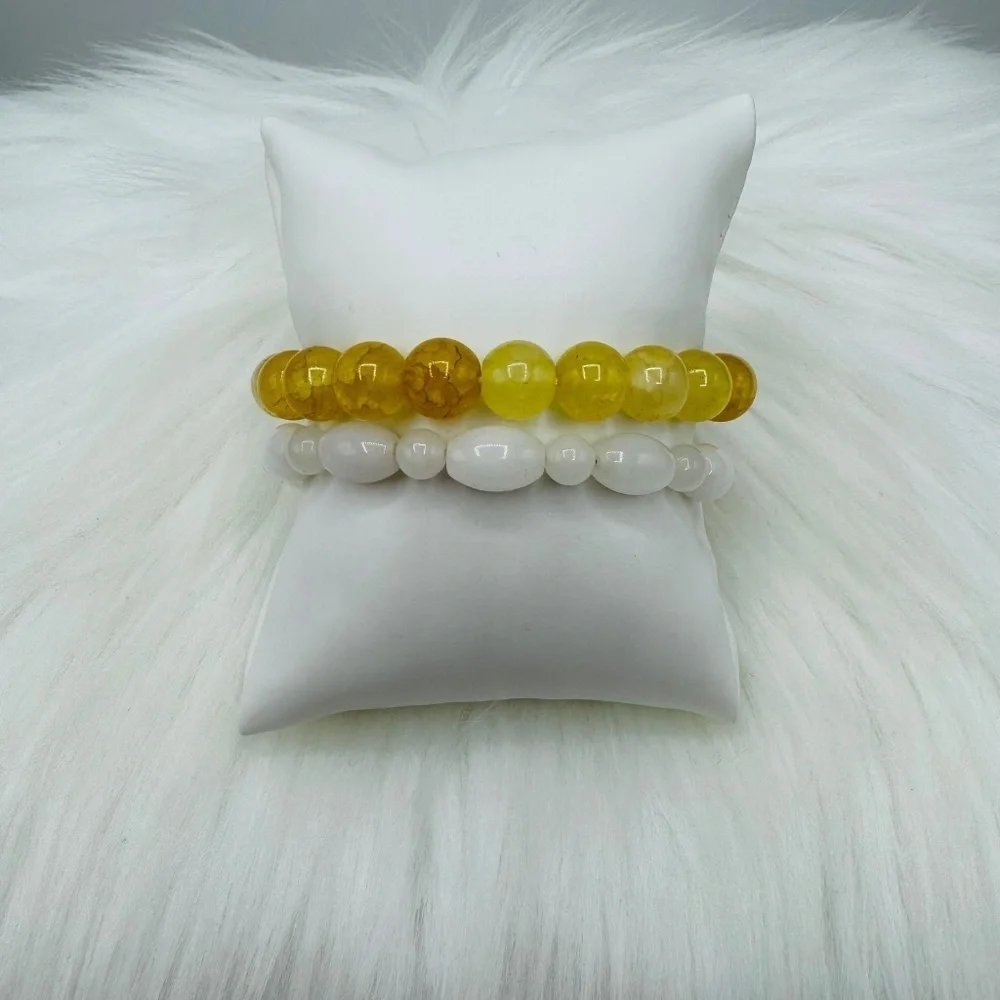 Celina Yellow Glass & White Rabbit Beaded Bracelet Duo